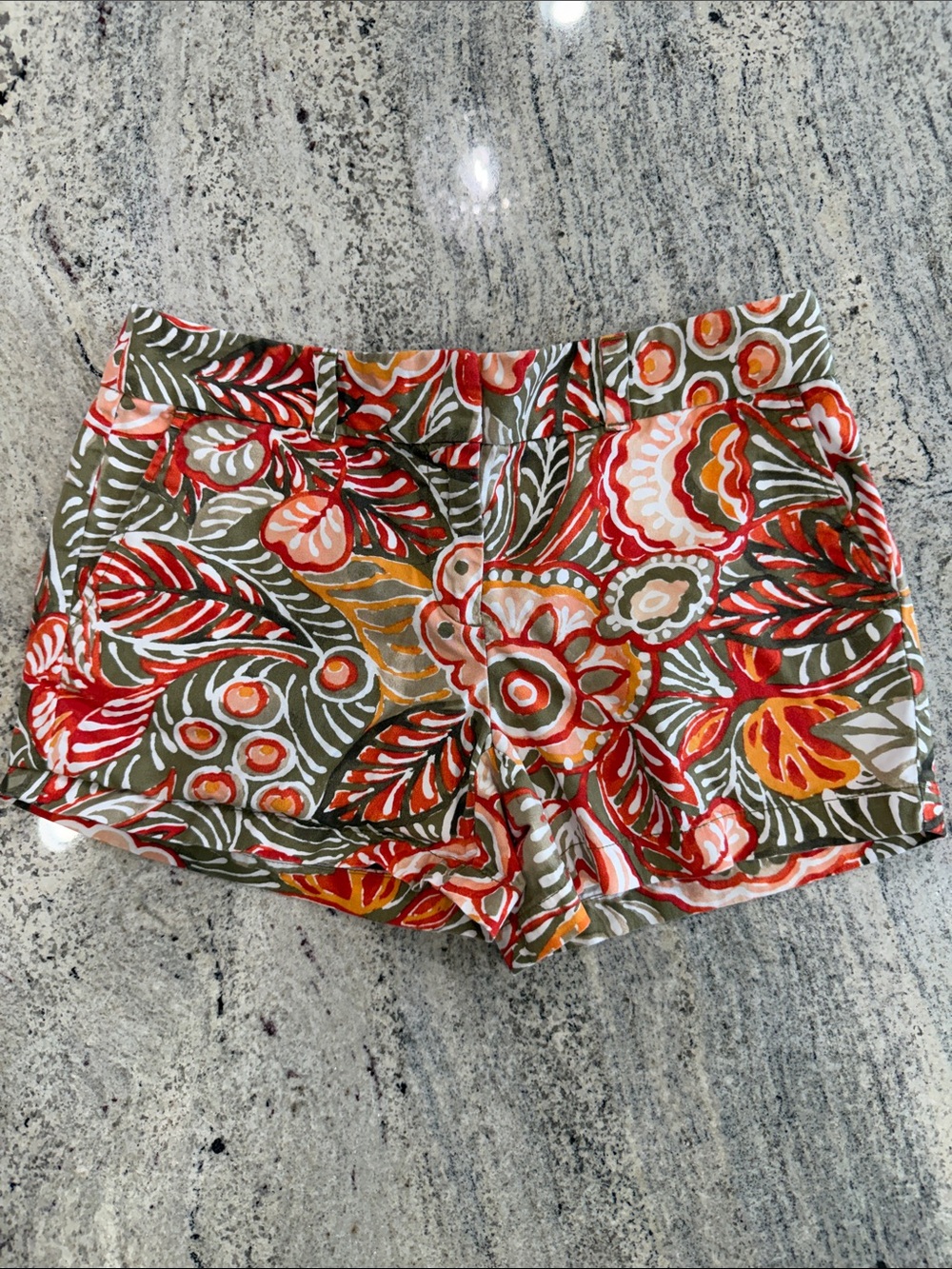 LOFT Tropical Printed Shorts - Olive Green with Red & Orange Accents Size 4